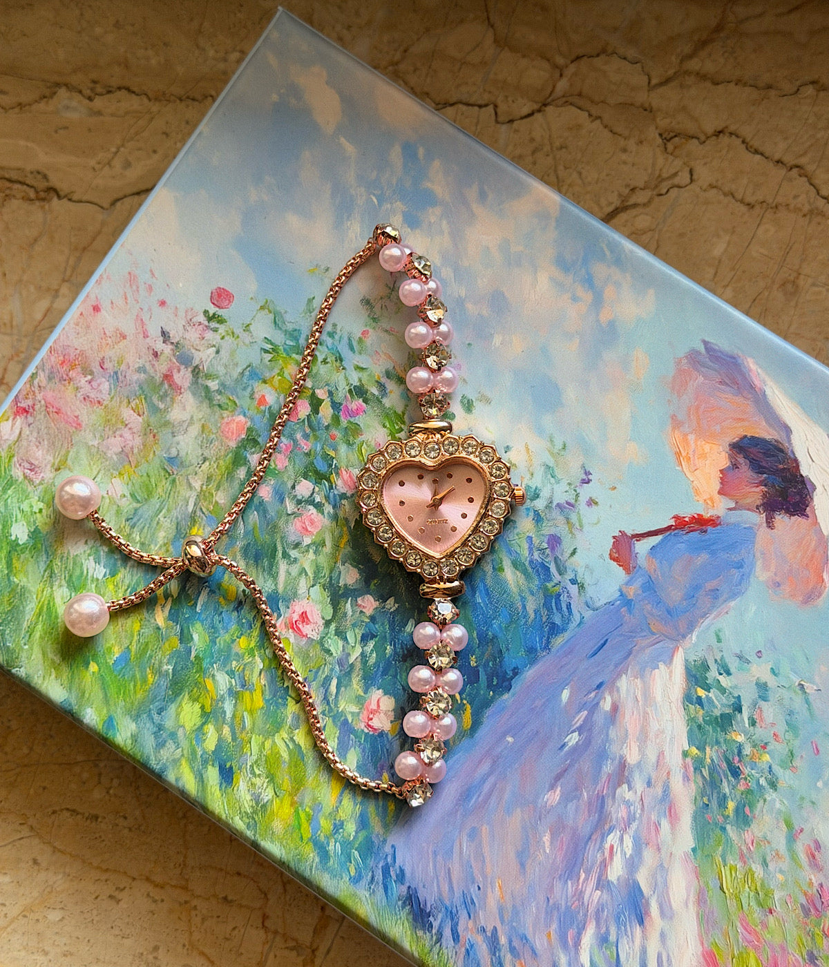 Vintage İnci ve Taş Detay Pembe Kalp Saat Vintage Aksesuar