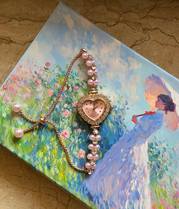 Vintage İnci ve Taş Detay Pembe Kalp Saat Vintage Aksesuar
