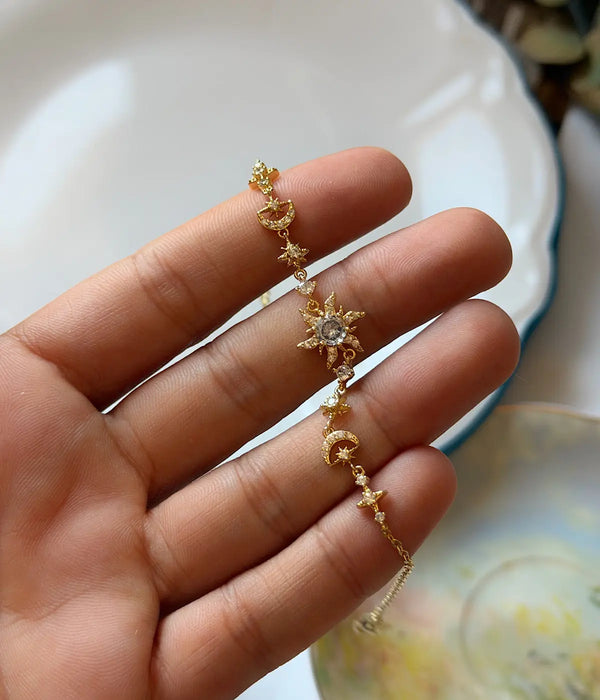 Ay ve Güneş Figürlü Gold Tasarım Bileklik Vintage Aksesuar