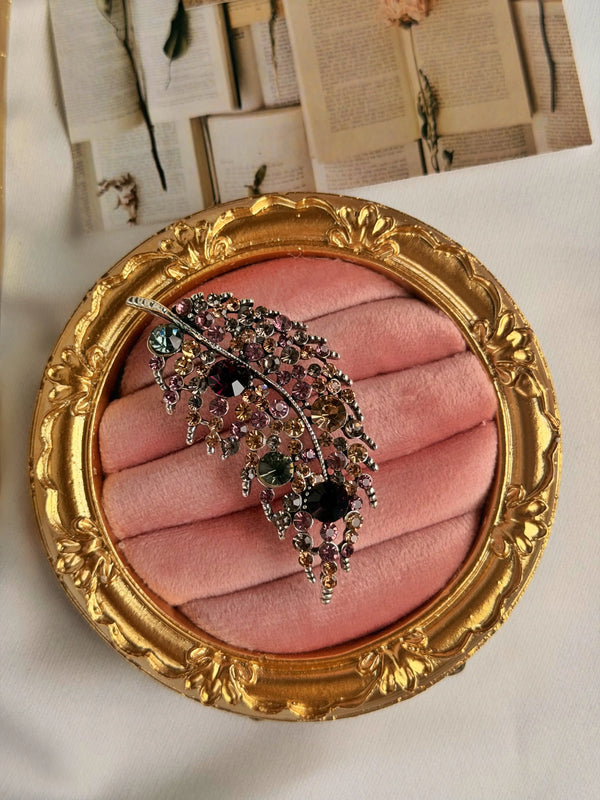 Renkli Kristal Taşlı Yaprak Broş Vintage Aksesuar