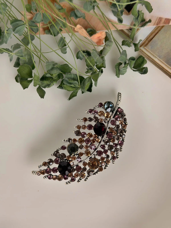 Renkli Kristal Taşlı Yaprak Broş Vintage Aksesuar