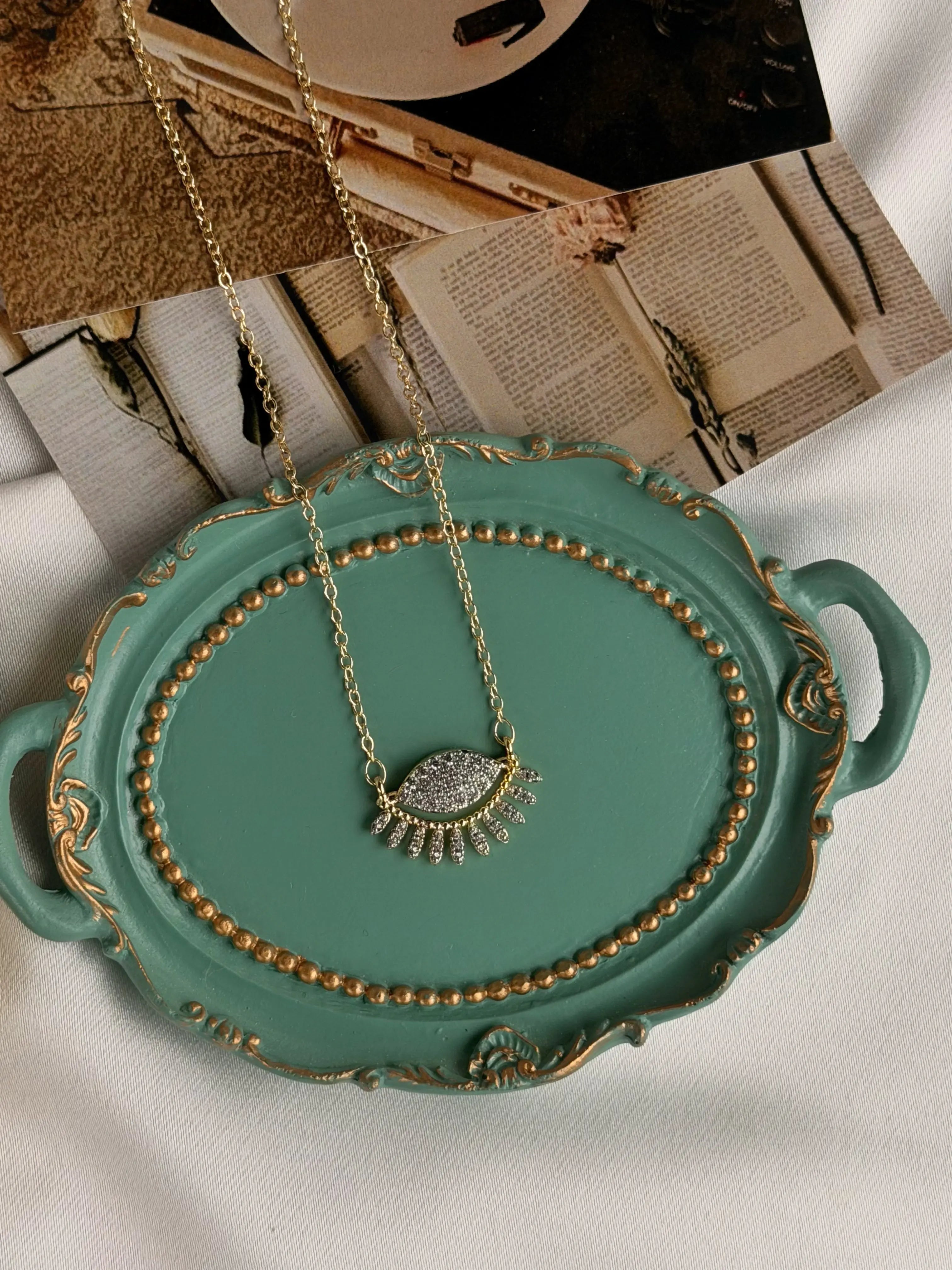 Zirkon Taşlı Tasarım Göz Kolye Vintage Aksesuar