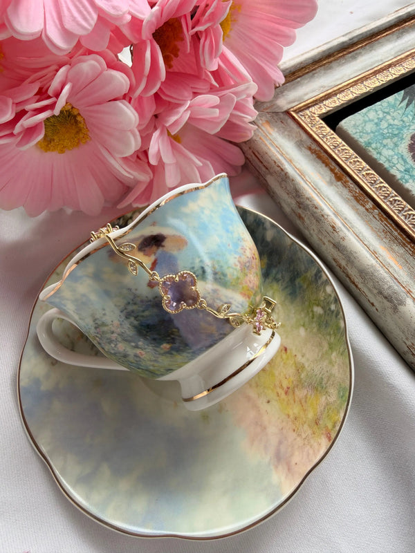 Pembe Çiçek Detaylı Vintage Yonca Bileklik Vintage Aksesuar