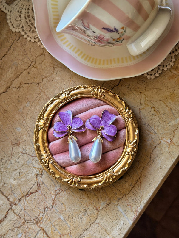 Vintage İncili Mor Çiçek Küpe Vintage Aksesuar