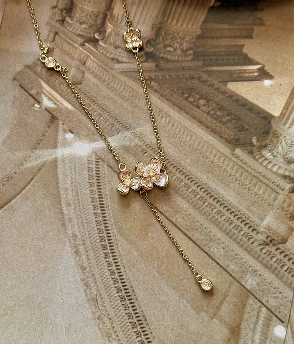 İnci Detaylı Kiraz Çiçeği Gold Kolye Vintage Aksesuar