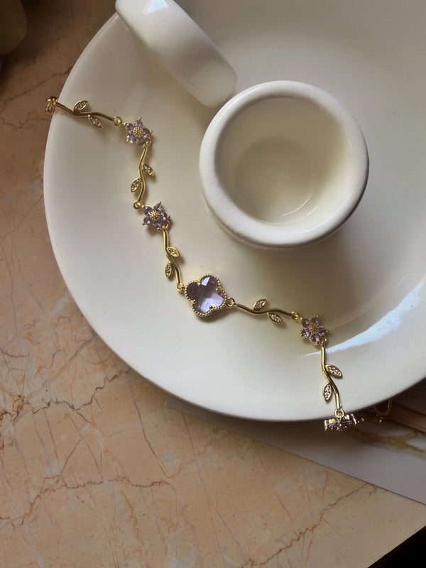 Mor Çiçek Detaylı Vintage Yonca Bileklik Vintage Aksesuar