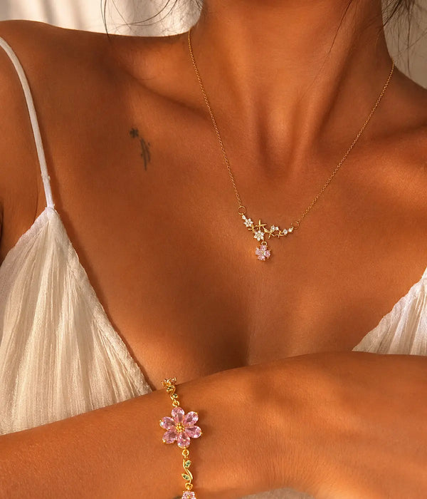 Pembe Çiçekli Gold Kolye ve Bileklik Takı Seti Vintage Aksesuar