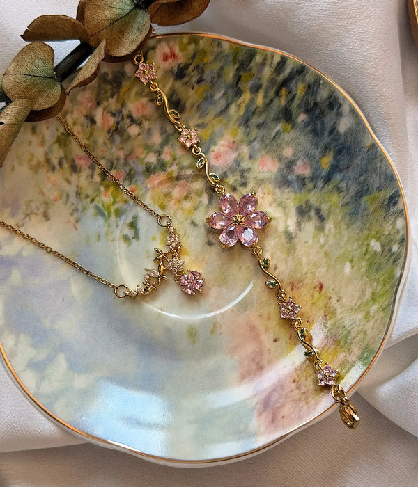 Pembe Çiçekli Gold Kolye ve Bileklik Takı Seti Vintage Aksesuar