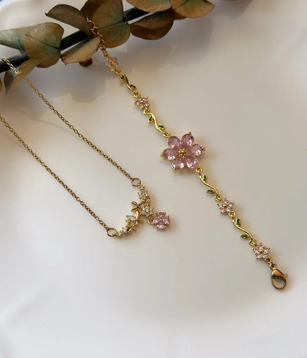 Pembe Çiçekli Gold Kolye ve Bileklik Takı Seti Vintage Aksesuar