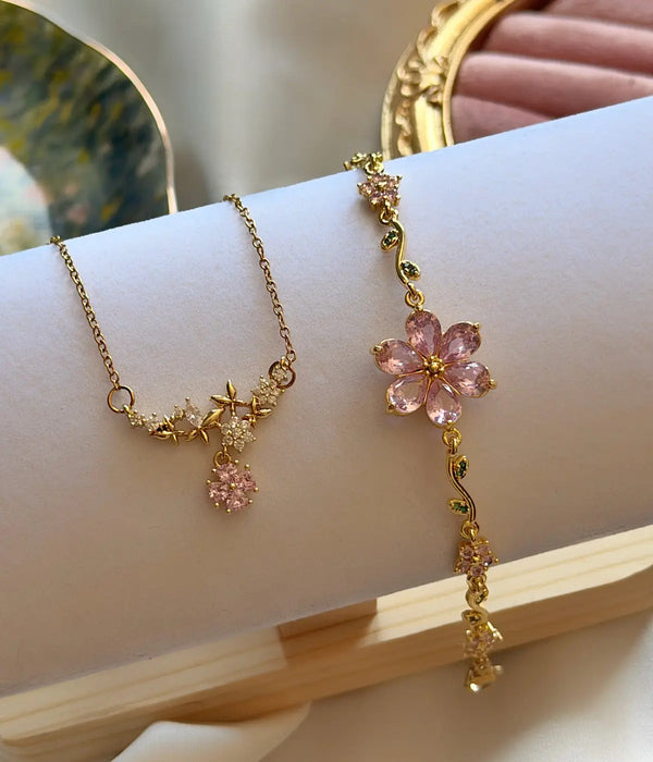 Pembe Çiçekli Gold Kolye ve Bileklik Takı Seti Vintage Aksesuar