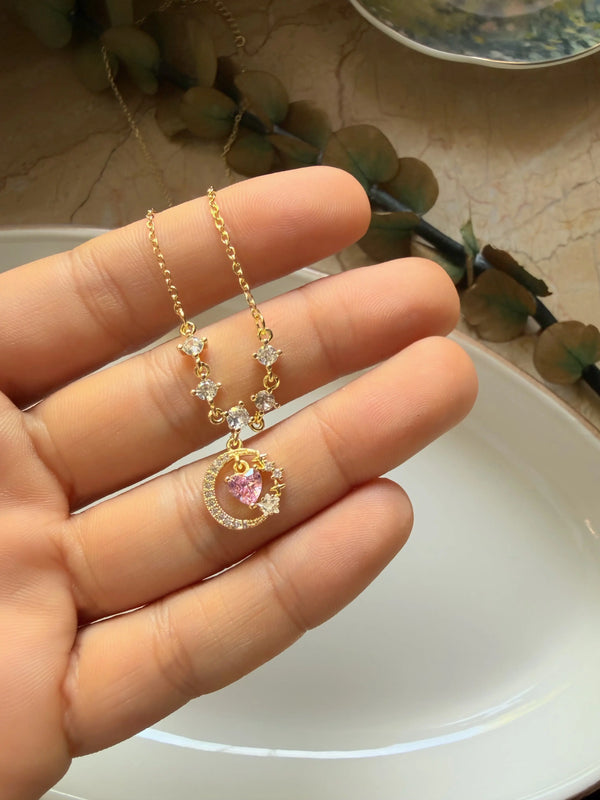 Pembe Kalp Taşlı Ay Detaylı Çelik Kolye Vintage Aksesuar