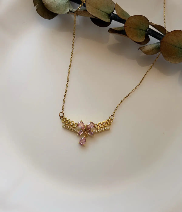 Pembe Taşlı Fiyonk ve Damla Detaylı Gold Kadın Kolye Vintage Aksesuar