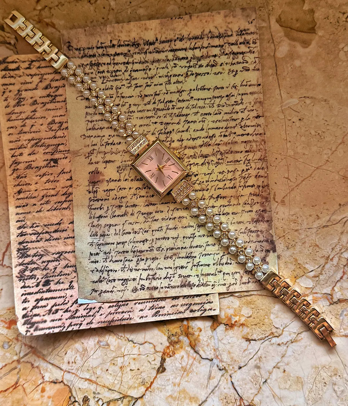 Vintage Dikdörtgen Kasa İnci Tasarım Pembe Saat Sevgililer Günü Hediyesi