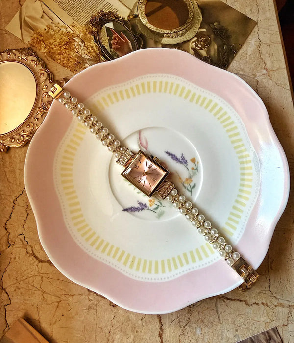 Vintage Dikdörtgen Kasa İnci Tasarım Pembe Saat Kadın Saati