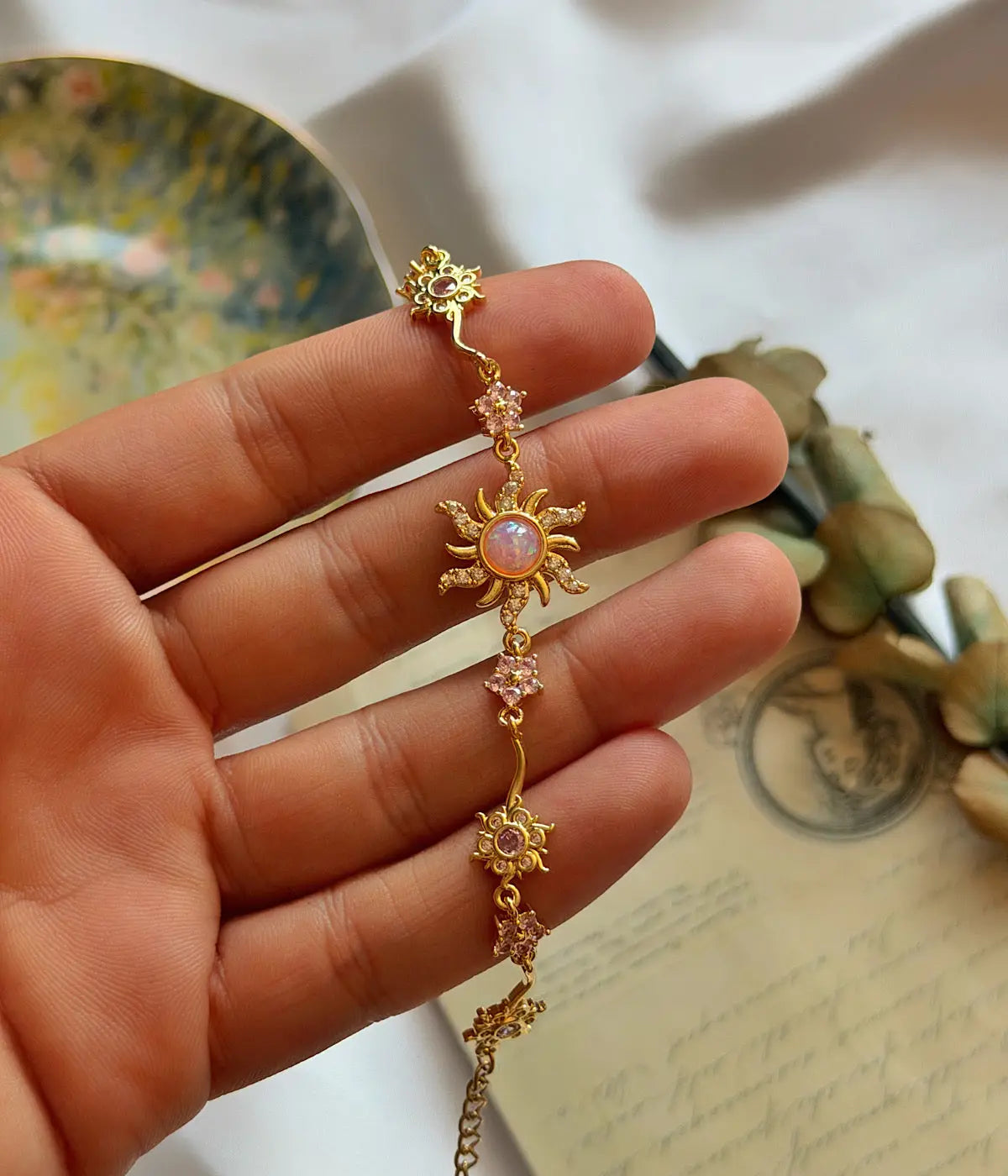 Vintage Pembe Opal Taşlı Güneş Bileklik Vintage Aksesuar