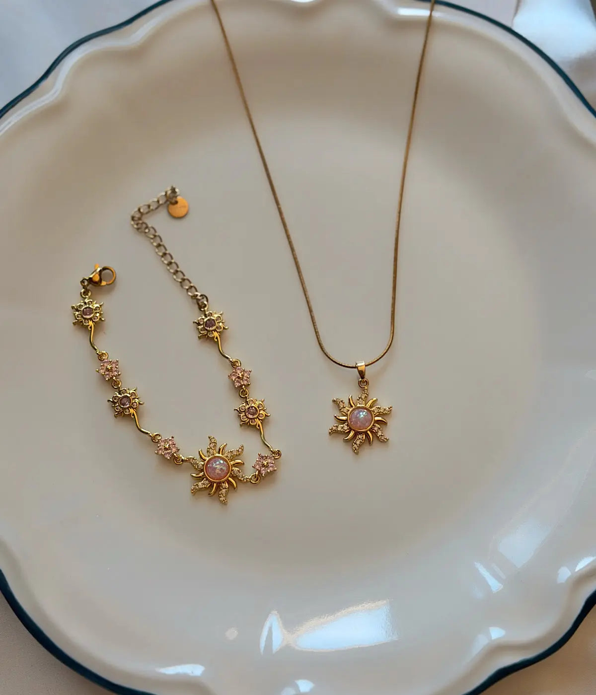 Vintage Pembe Opal Taşlı Güneş Çelik Takı Set Vintage Aksesuar
