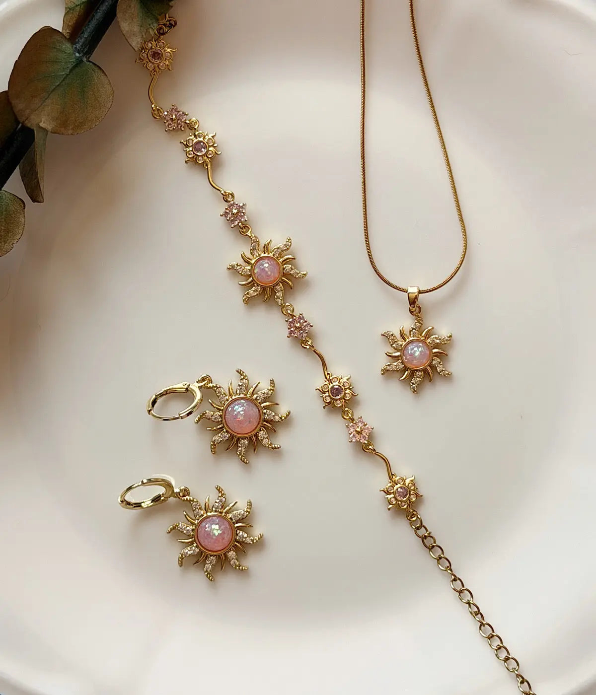 Vintage Pembe Opal Taşlı Güneş Çelik Takı Set 2 Vintage Aksesuar