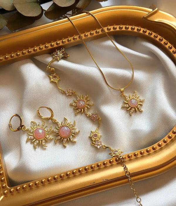 Vintage Pembe Opal Taşlı Güneş Çelik Takı Set 2 Vintage Aksesuar