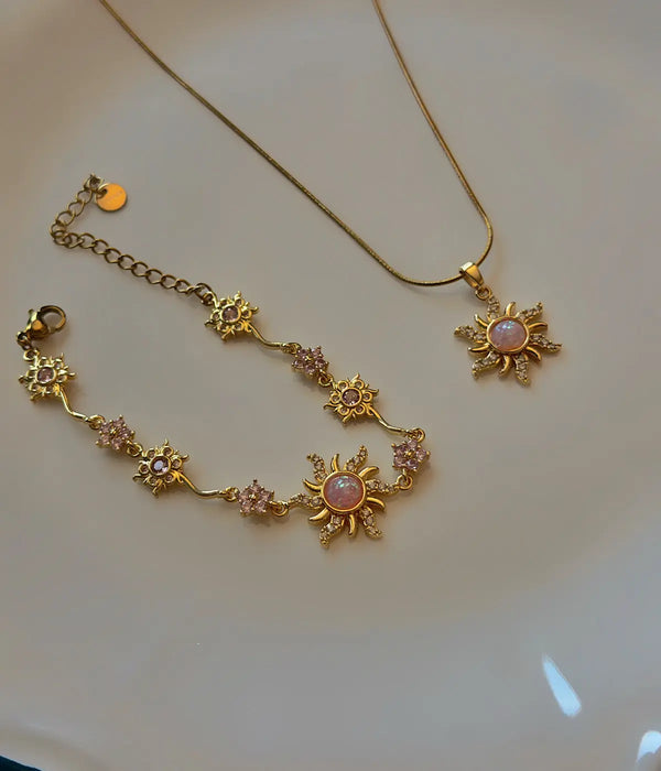 Vintage Pembe Opal Taşlı Güneş Çelik Takı Set Vintage Aksesuar