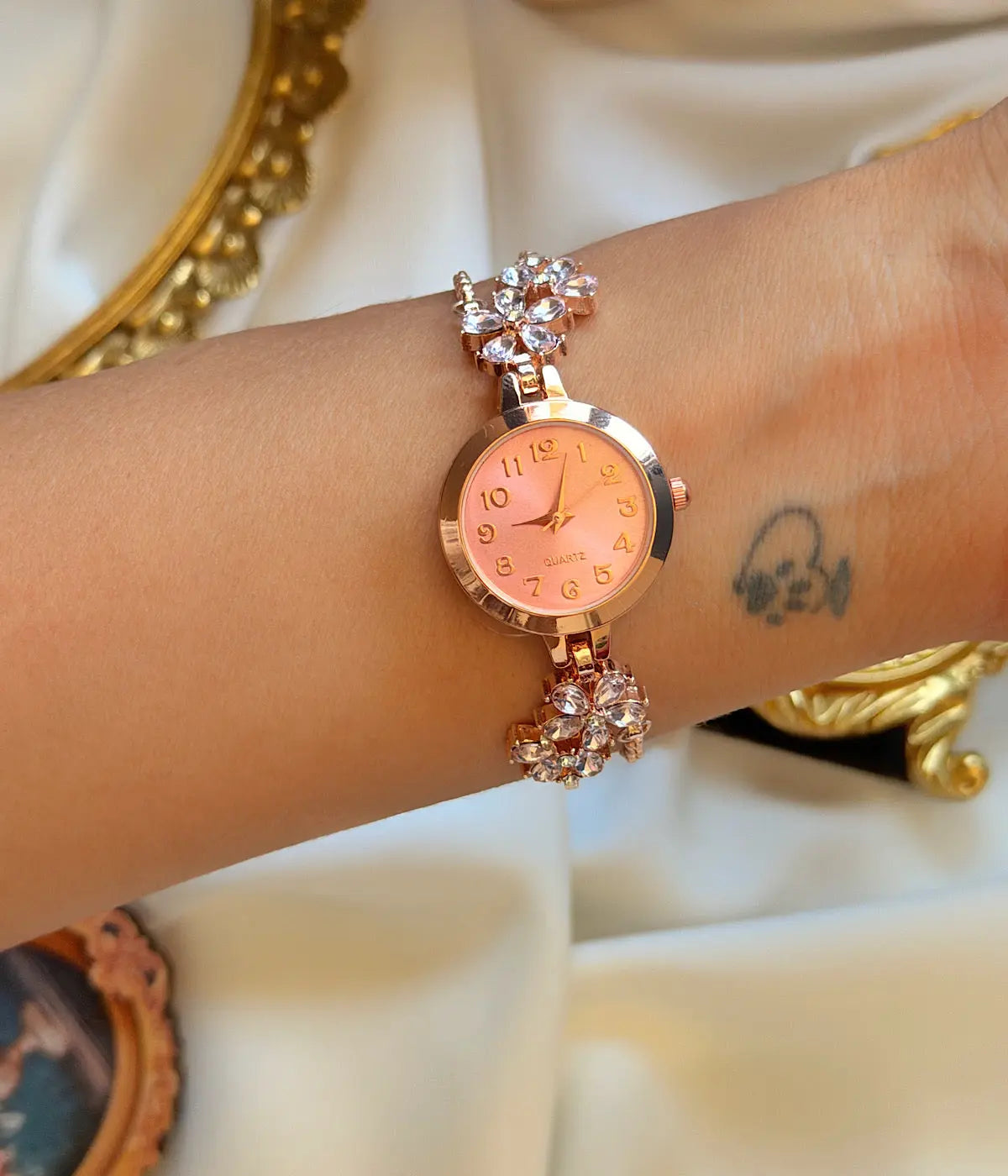 Vintage Rose Gold Taşlı Pembe Kadran Saat Vintage Aksesuar