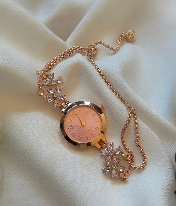 Vintage Rose Gold Taşlı Pembe Kadran Saat Vintage Aksesuar