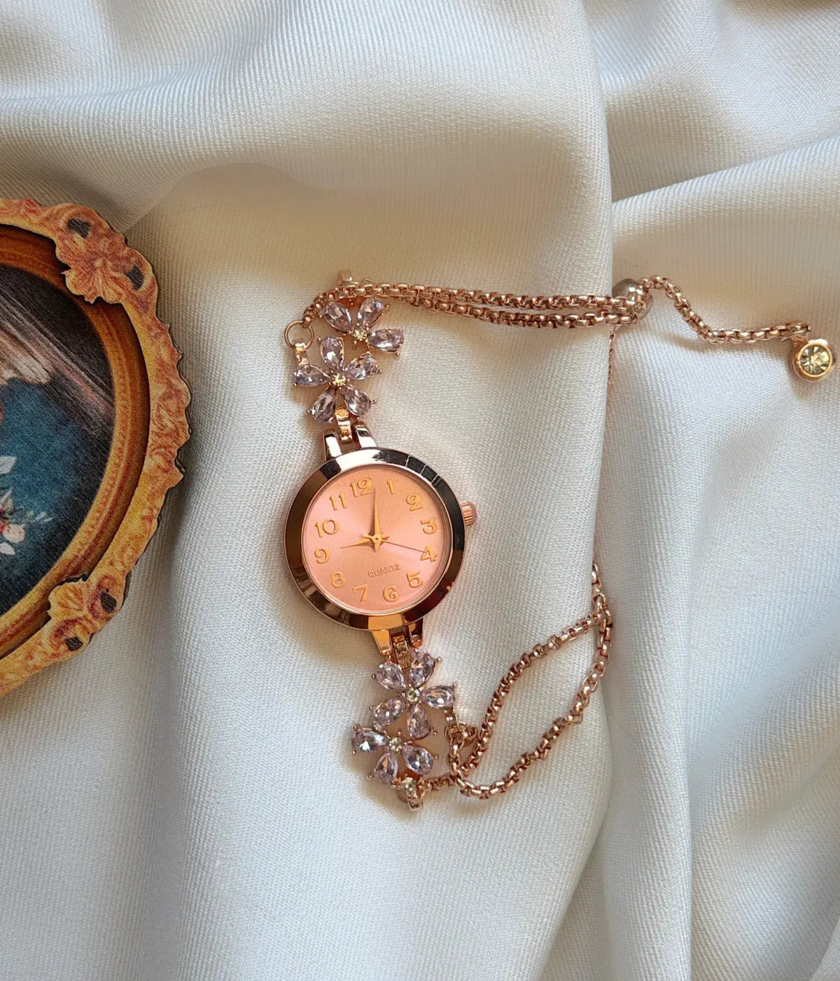 Vintage Rose Gold Taşlı Pembe Kadran Saat Vintage Aksesuar