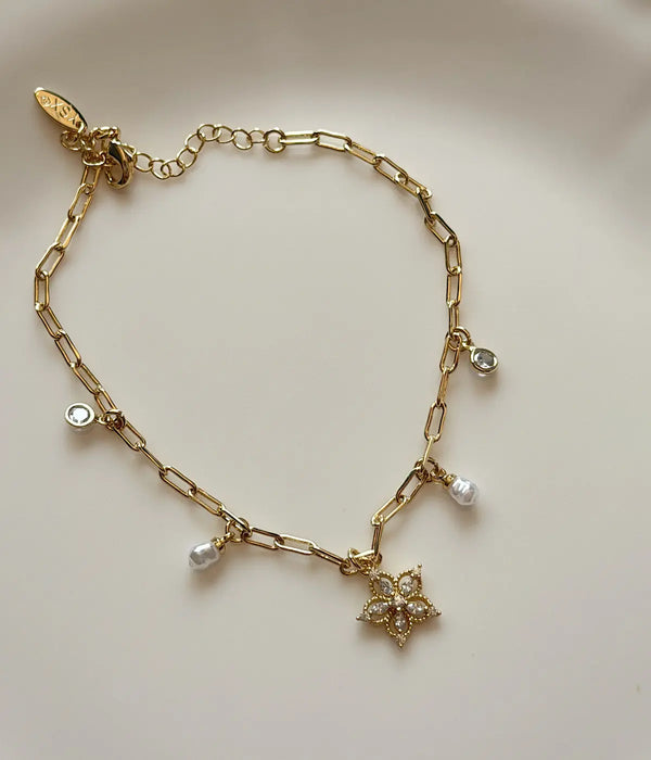 Vintage Sakura Çiçeği İnci ve Taş Detaylı Gold Kadın Halhal Vintage Aksesuar