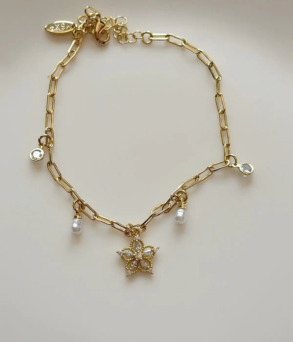 Vintage Sakura Çiçeği İnci ve Taş Detaylı Gold Kadın Halhal Vintage Aksesuar