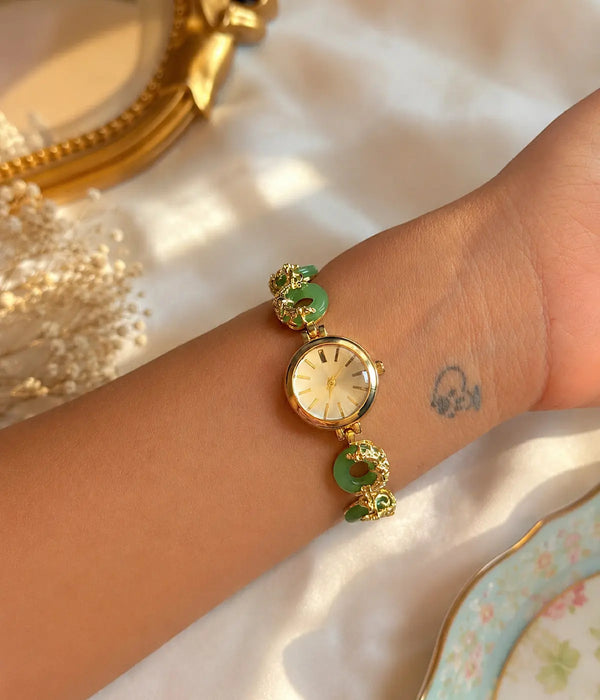 Vintage Yeşil Halka Detaylı Gold Bileklik Saat Vintage Aksesuar