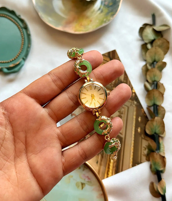 Vintage Yeşil Halka Detaylı Gold Bileklik Saat Vintage Aksesuar