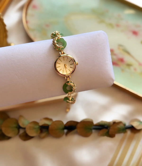 Vintage Yeşil Halka Detaylı Gold Bileklik Saat Vintage Aksesuar