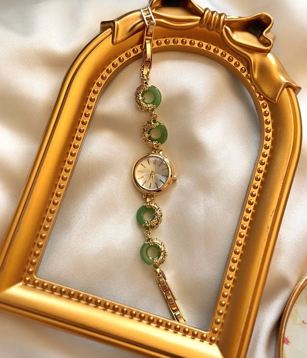 Vintage Yeşil Halka Detaylı Gold Bileklik Saat Vintage Aksesuar