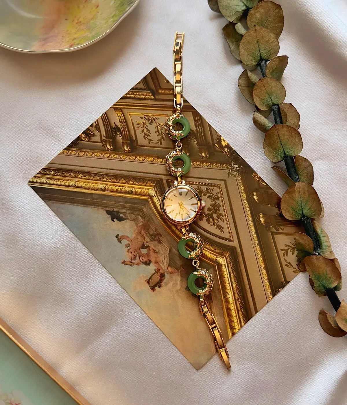 Vintage Yeşil Halka Detaylı Gold Bileklik Saat Vintage Aksesuar