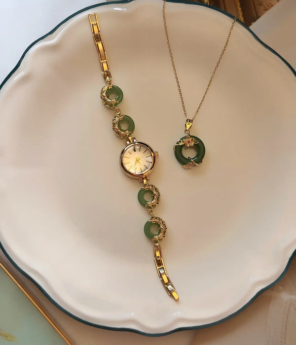 Vintage Yeşil Halka Detaylı Gold Kadın Saat ve Kolye Takı Seti Vintage Aksesuar