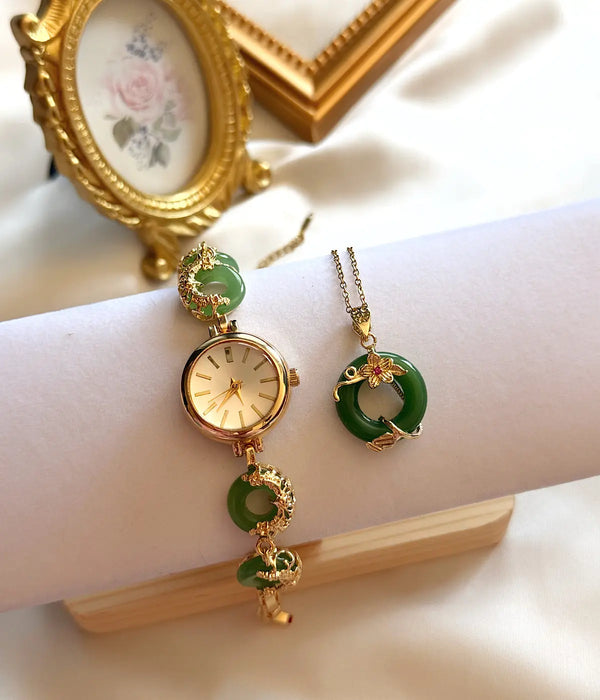 Vintage Yeşil Halka Detaylı Gold Kadın Saat ve Kolye Takı Seti Vintage Aksesuar