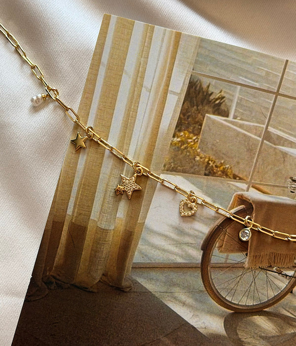 Yıldız ve Kalp Detaylı Gold Kadın Halhal Vintage Aksesuar