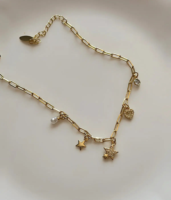 Yıldız ve Kalp Detaylı Gold Kadın Halhal Vintage Aksesuar