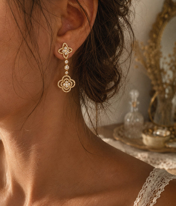 Zirkon taşlı çiçek motifli sallantılı gold kadın küpenin kulakta görünümü