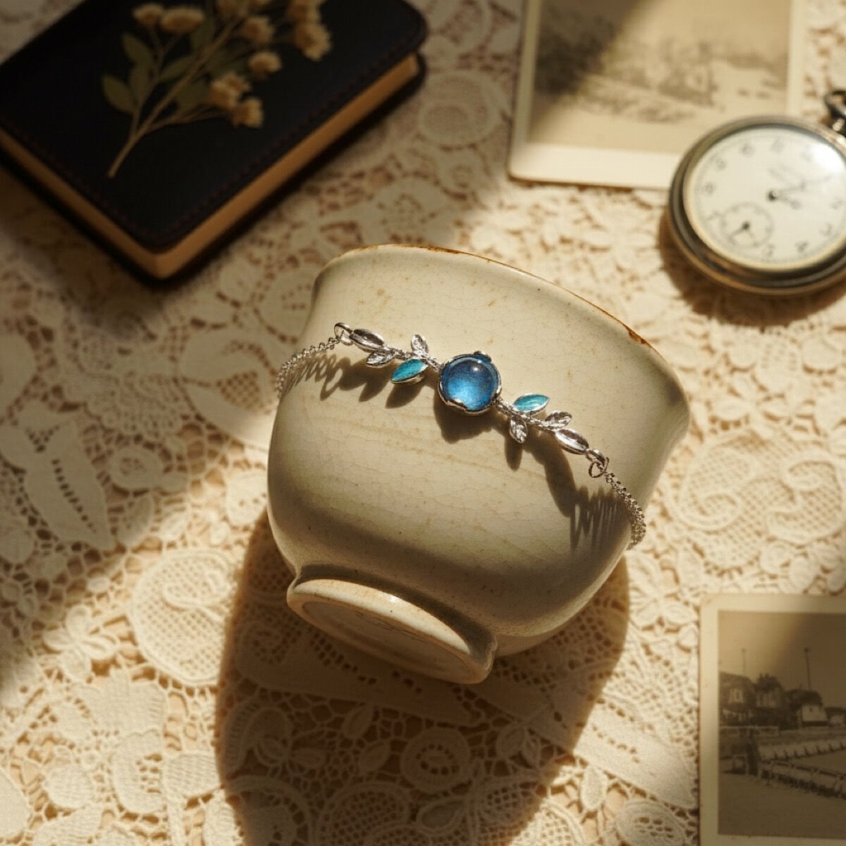 Blue Stone and Leaf Çelik Bileklik