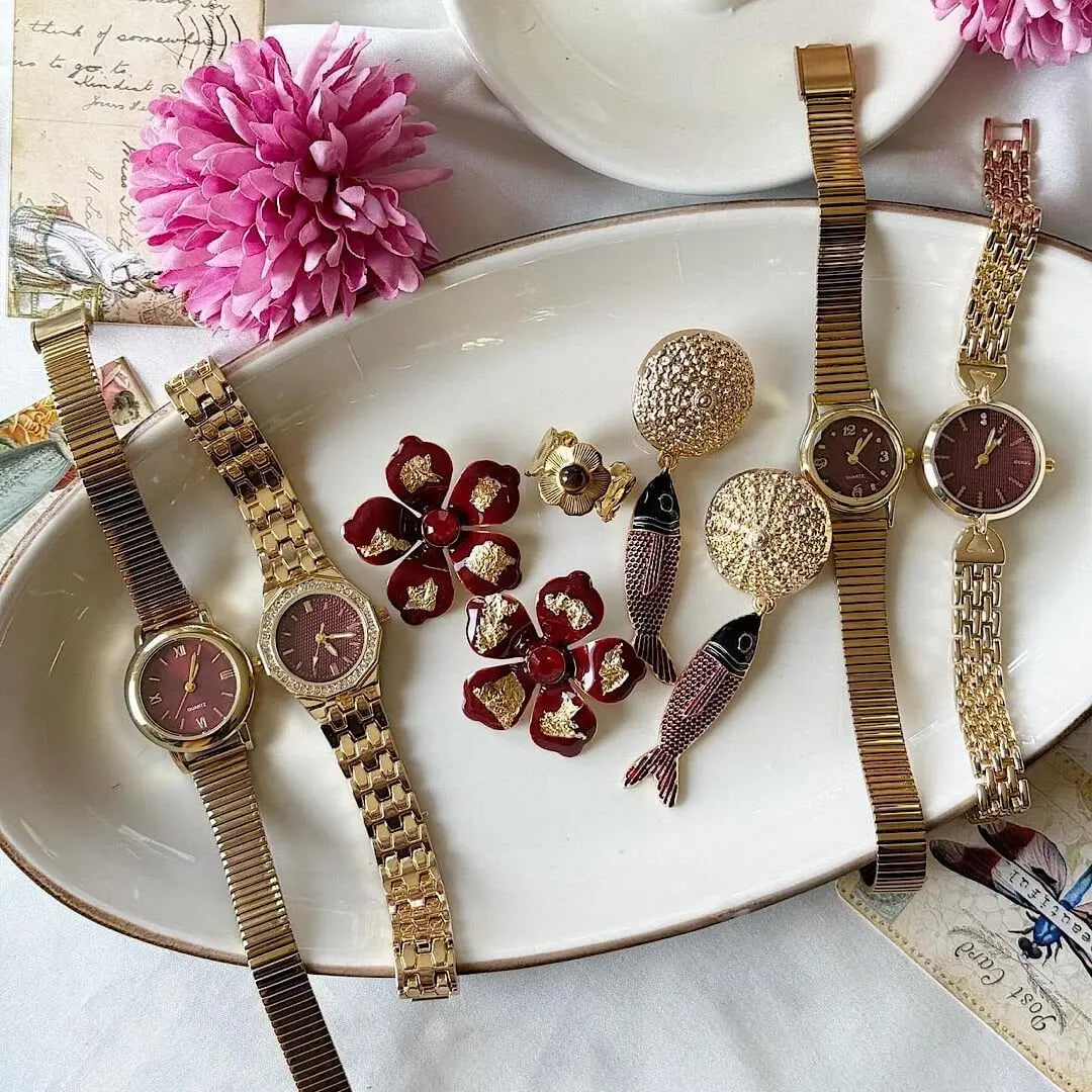 Bordo Saat ve Küpe Set Vintage Aksesuar