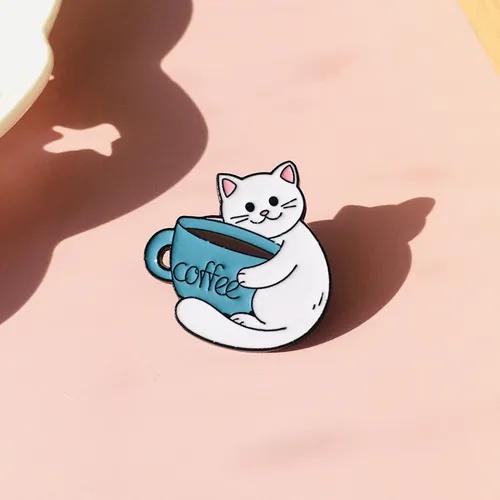 Kahve Fincanı ve Kedi Tasarım Broş