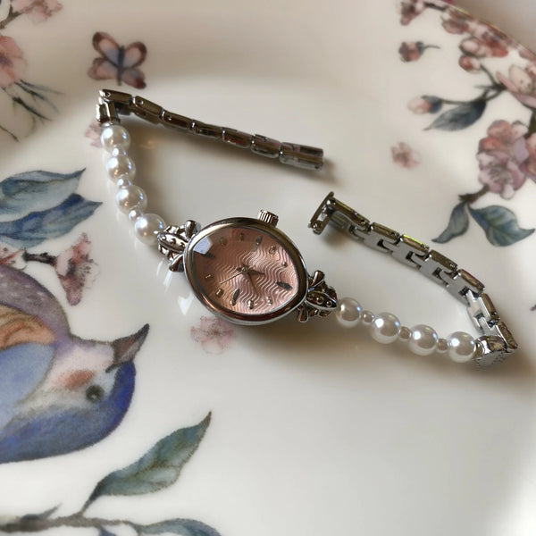 Pembe Oval Kadran İnci Tasarım Saat