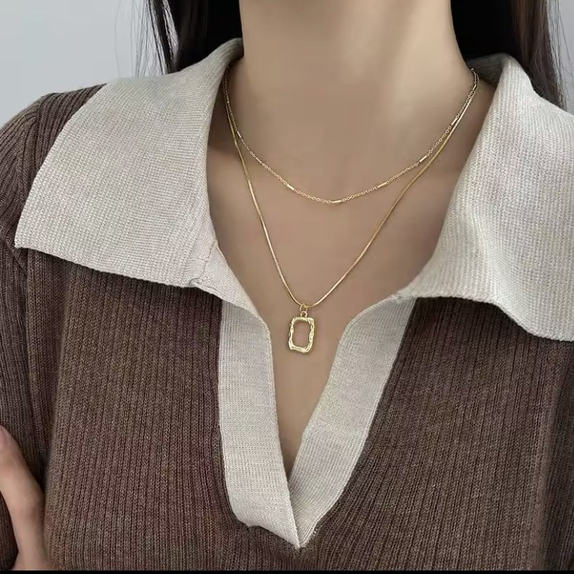 Gold Geometrik Çift Katmanlı Çelik Kolye