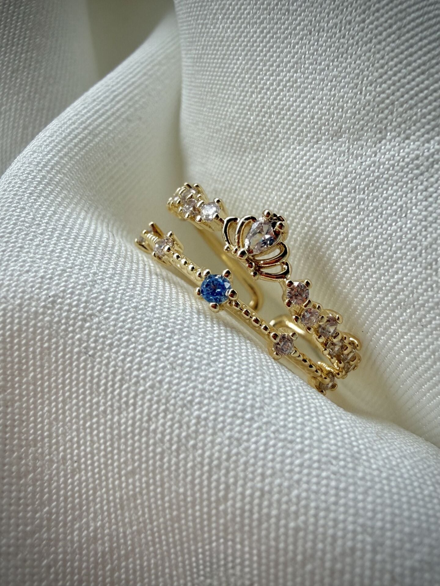 Vintage Taç Detaylı Mavi Taşlı Yüzük