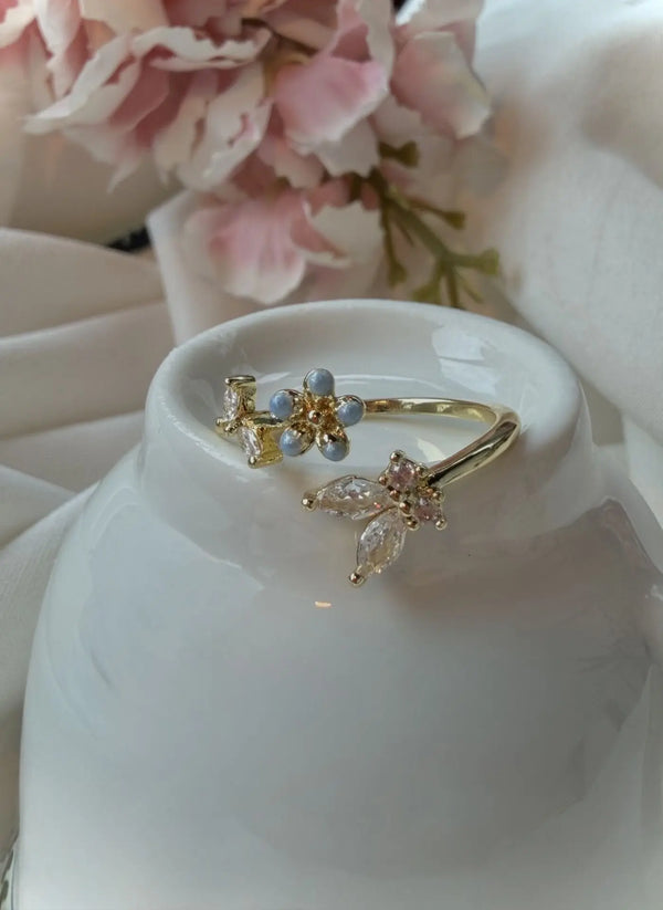 Forget Me Not Minimal Çiçek Detaylı Zirkon Yüzük Vintage Aksesuar