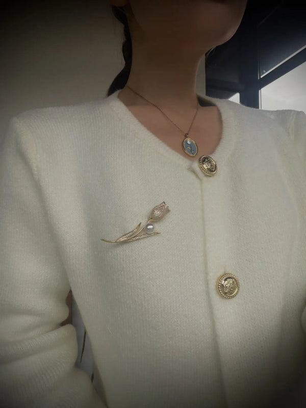 İnci Detaylı Lale Figürlü Zirkon Vintage Broş