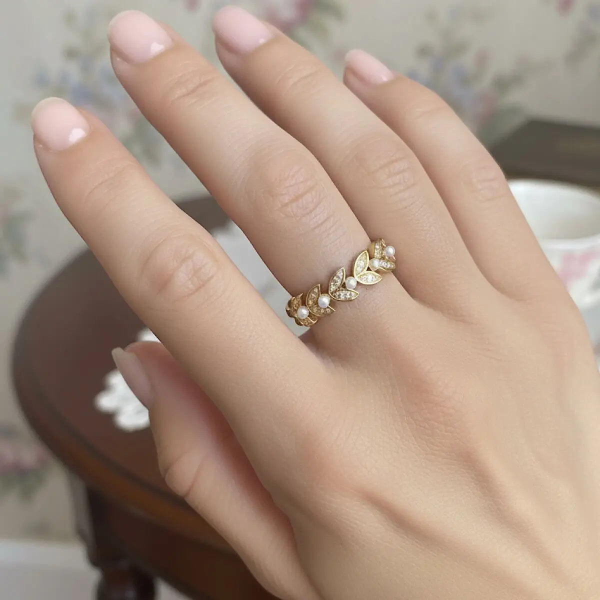 İnci Detaylı Yaprak Vintage Yüzük Vintage Aksesuar