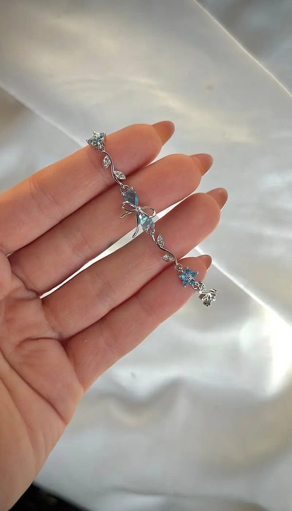 Mavi Taşlı Fiyonk Detaylı Yaprak Tasarım Bileklik Vintage Aksesuar