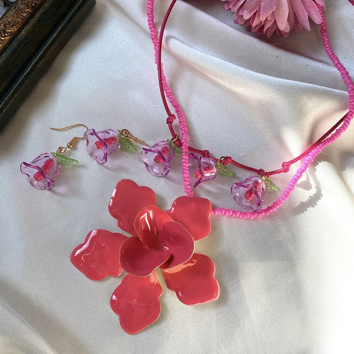 Pembe Çiçek Tasarım 2'li Kolye Küpe Set