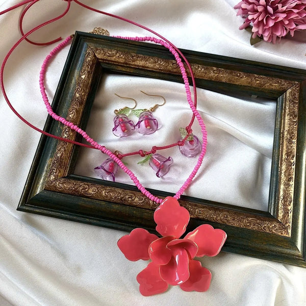 Pembe Çiçek Tasarım 2'li Kolye Küpe Set